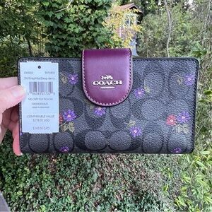COACH Phone Wallet Country Floral Print Graphite/Deep Berry AUTHENTIC NWT